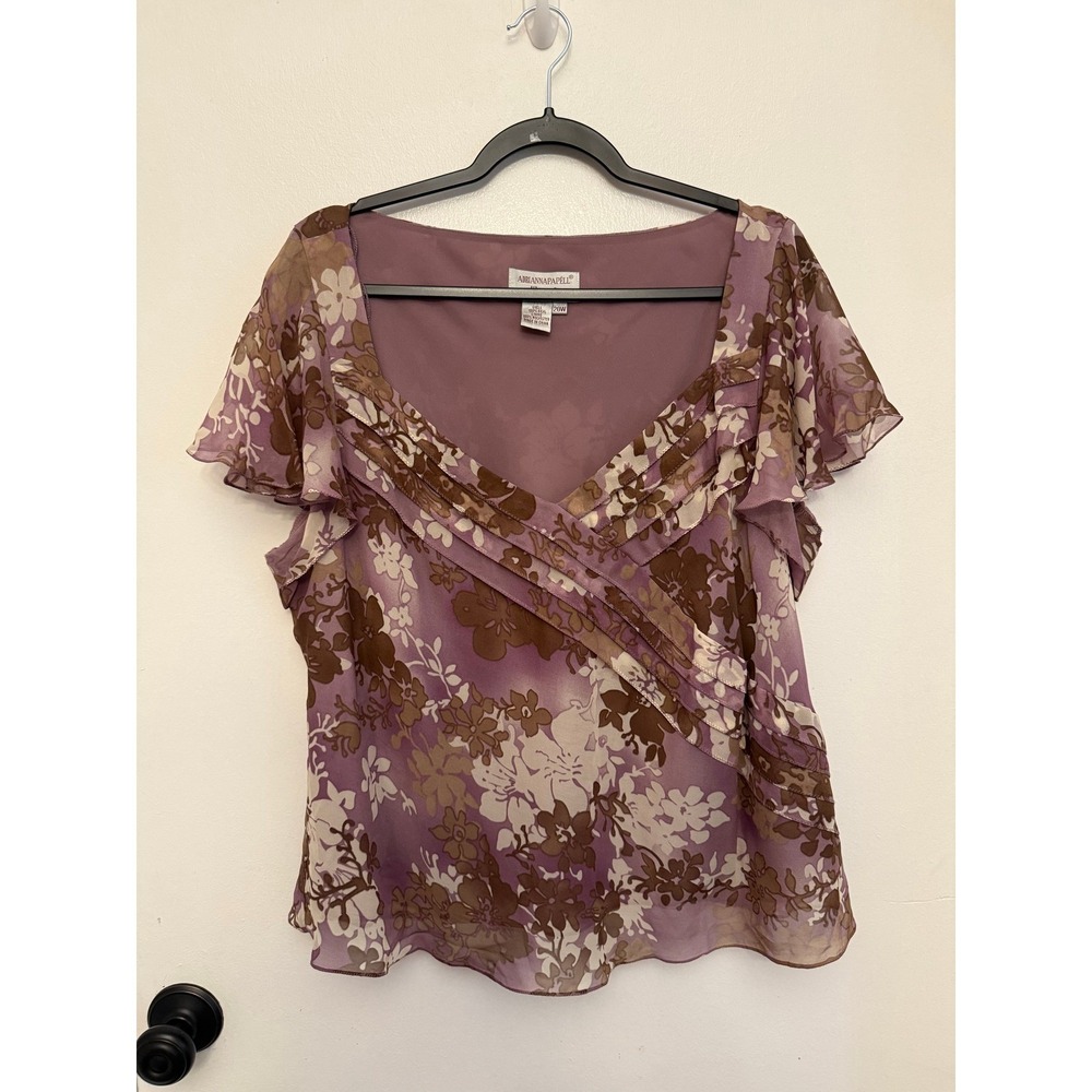 VTG Y2K Adrianna Papell 100% Silk Pleated Surplice Floral Flutter Sleeve Top 20W